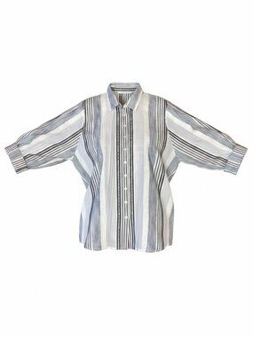 Peter Nygard Balloon Sleeve Button-Up Metallic Stripe Top M/L Gray Silver 295i